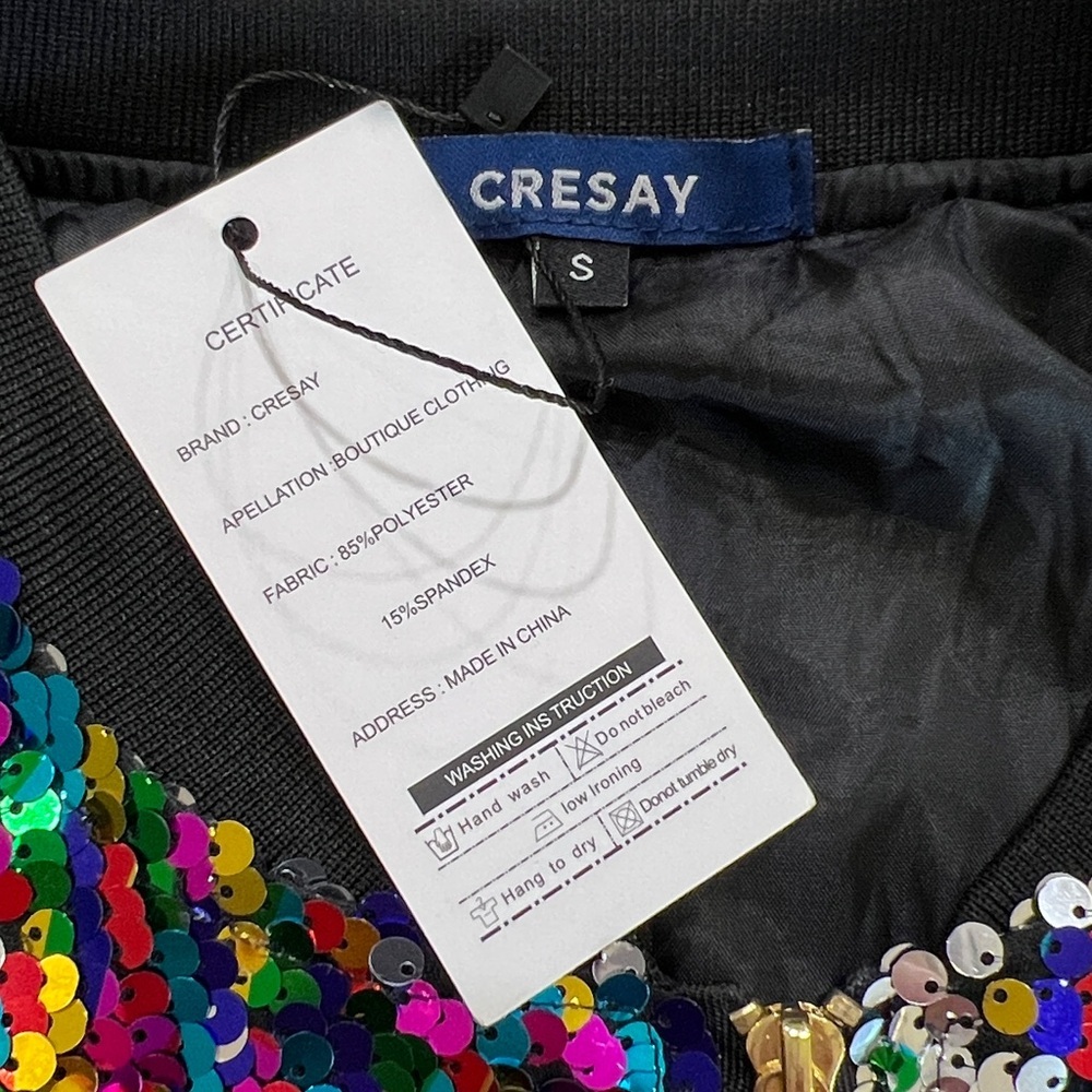 Cresay Multicolor & Silver Sequin Ribbed Trim Zip Front Bomber Jacket NWT - Picture 6 of 9